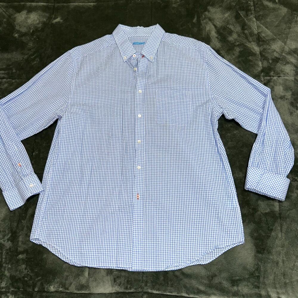 J. McLaughlin Shirt Men’s XL Blue White Gingham Long Sleeve Classic Button‎ Down
